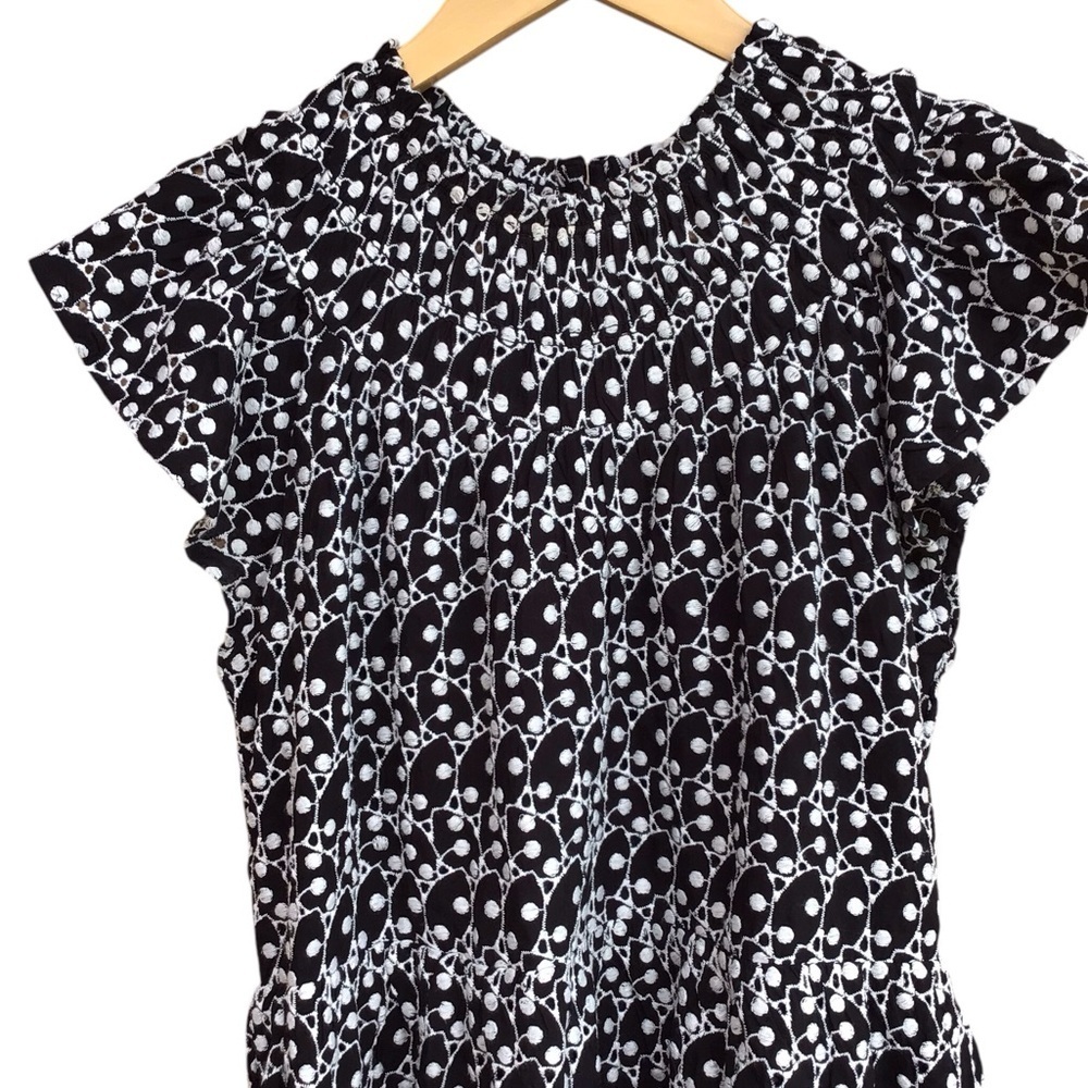 Loft Black White Eyelet Smocked Yoke Cap Sleeve Swing Dress Size SP NEW - Picture 7 of 11